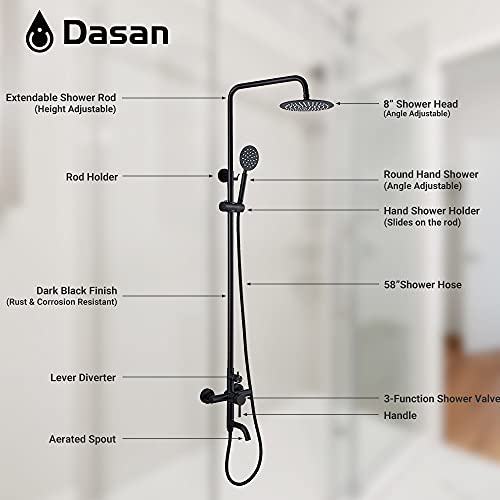 Dasan Outdoor Shower Fixture Set 3-Function Matte Black Shower Faucet Set 8 Inch Rainfall Shower Head With Handheld Sprayer And Spout Sus 304 Stainless Steel Bathroom Shower Set #TOP2
