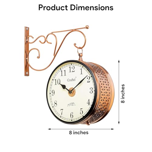 Image of CRAFTEL Double Sided Station Wall Clock Multi-Layer Electroplated | Both Side English Numerals | Aluminum Matte-Finish Dial Brass Body | Dial - 8 Inches, Rose Gold | 365 Days Warranty
