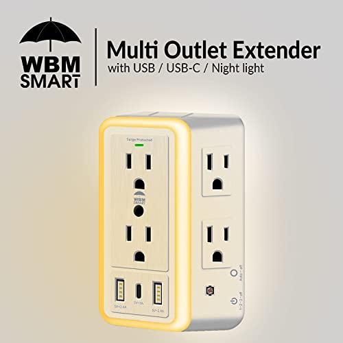 Wbm Smart Multi Plug Outlet, Surge Protector, 6-Outlet Extender With 2 Usb Charging Ports, Usb-C & Night Light, 3-Sided Power Strip With Adapter Spaced Outlets - 2 Count, White #TOP1