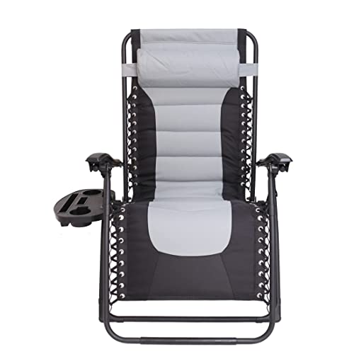 Btexpert Oversized Padded Zero Gravity Chair Folding Recliner Case Lounge Outdoor Pool Patio Beach Yard Garden Utility Tray Cup Holder Grey, Gray/Black #TOP1