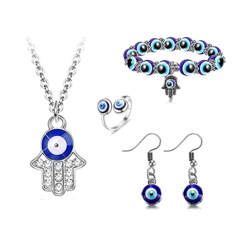 HSAJS Malocchio Collane Bracciali Set per Donna Uomo Turco Blue Eye Pendente Orecchino Hamsa di Fatima Protezione Bracciale Collana Portafortuna Parure Gioielli Occhio di Allah Anello