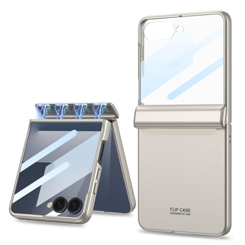Image of Midkart Magnetic Case Compatible with Samsung Galaxy Z Flip 7 Release 2025 Hinge Protection Hard PC with Front Glass Cover 360-degree Protection, Beige