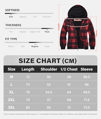 geeksport Fleecejacke Herren Sweatjacke Männer mit Kapuze Warme Kapuzenjacke Gefüttert Winterjacke Kariertes Hoodie mit ReißVerschluss, 0569-Rot L