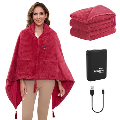 Kintiwe Heizdecke, Elektrische Wärmedecke Heizdecke mit 20000mAh Akku Kabellos, Heizkissen für Nacken und Schulter mit 4 Heizzonen und 3 Temperaturstufen Rot 100 x 150 cm