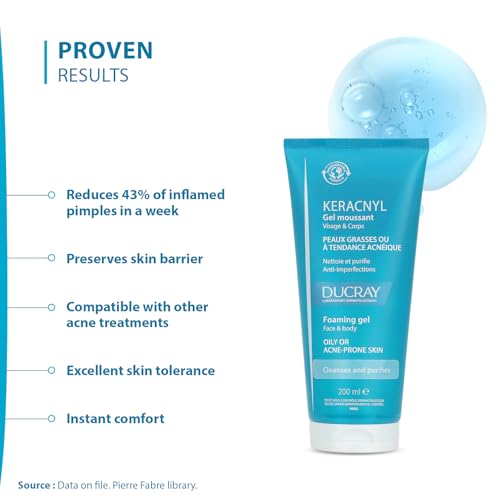Image of Ducray Keracnyl Foaming Gel 200ml I Facewash for Oily skin, Acne, Pimples |Gentle cleanser I for Men and Women | Reduces Imperfection in 7 days I Mattifying Effect I Dermatologically Tested