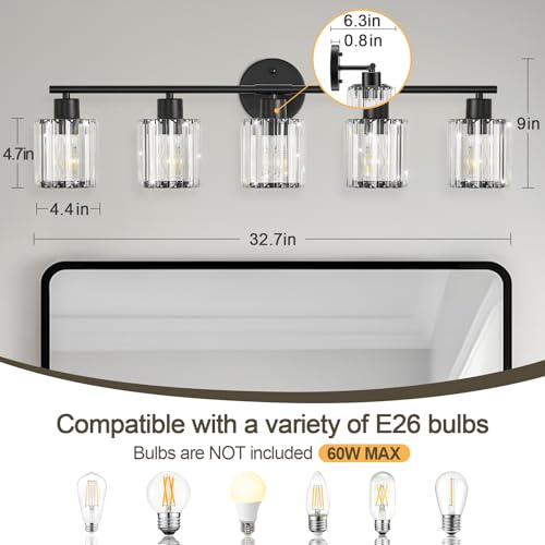 Image of Modern Black Crystal Bathroom Light Fixtures,5-Light | Bathroom Lighting Fixtures over Mirror,Vanity Lights for Mirror, Restroom(Ceramic E26 Socket,Bulbs Not Include)