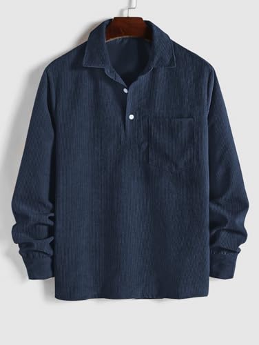 Image of ZAFUL Men's Corduroy Shirts Solid Color 2024 Fall Half Button Long Sleeves Polo Shirt Casual Work Collared Shirt with Pocket