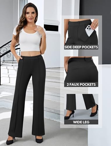 Women's Work Dress Pants Wide Leg Business Casual Slacks Stretchy Pull on High Waisted Office Trousers with Pockets4