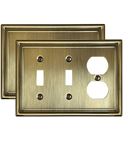 Zillsea Combination 2 Toggle And 1 Duplex Metal Wall Plate, 3-Gang Switch Plates And Outlet Covers, Decorative Antique Brass Finish, Corrosion Resistant, 2-Pack, Midsize #TOP20