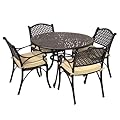 Kinger Home Harmon 5-Piece Cast Aluminum Outdoor Dining Set for 4 with Cushions - Elegant Round Patio Table and Chairs with Umbrella Hole