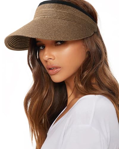 FURTALK Sun Straw Visor for Women Summer Packable Ponytail Beach UPF 80+ Sun Hats for Travel Coffee