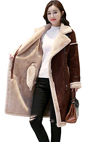 Shineflow Women's Lapel Faux Fur Fleece Lined Parka Warm Winter Shearling Coat Leather Jacket (M, Coffee)