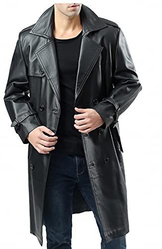 HiFacon Klassisches Herren-Outfit, langer Trenchcoat, langer Ledermantel, volle Länge, Schwarz, Black Leather Trench Coat, L Cover