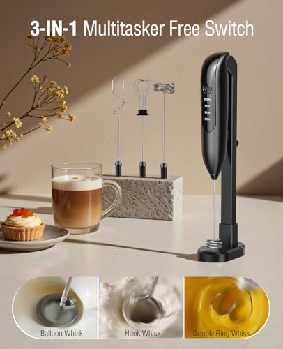 Image of Dynooper Electric Milk Frother Handheld: coffee frother rechargeable 3 in 1 - LED Display, Wireless Charging - 3 Speeds, Stainless Steel Whisk for Latte, Cappuccino - Jet Black
