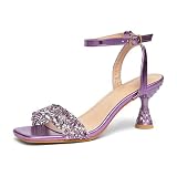Sandalias de tacón alto decoradas con diamantes de imitación para mujer, tacones brillantes, punta cuadrada, tacones plateados brillantes, zapatos de oro rosa para mujer, sandalias elegantes, Purple