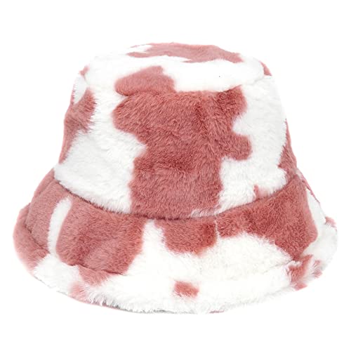 Winter Plush Bucket Hat For Women Cow Print Fuzzy Bucket Caps Casual Warm Faux Fur Fisherman Hats #TOP9