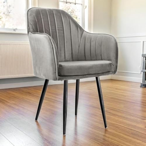 Image of Velvet Accent Chair | Luxury Upholstered Armchair with Sturdy Metal Legs | Modern Comfortable Chair for Living Room, Bedroom, Office, or Cafe (Black Legs, Grey)