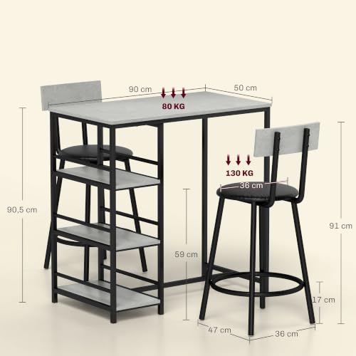 Miniatura 7 de Homcom Conjunto De Mesa Alta De Bar Con 2 Taburetes Mesa Alta De Cocina Con Taburetes Estantes Laterales Asiento Acolchado Y Barra Para Descanso De Pies Para Comedor Gris Oscuro