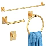 Toilet Roll Holder and Towel Rail Set, Gypie 4 Pieces Gold Bathroom Accessories Set, Metal Bathroom Hardware Set Includes 24″ Towel Rail, Toilet Roll Holder, Towel Ring, and Wall Hook