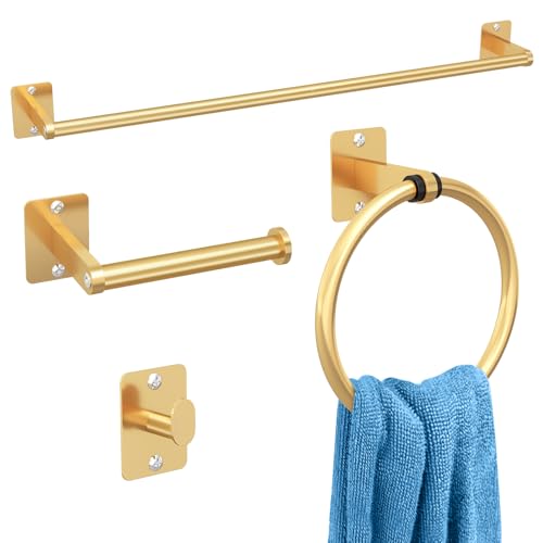 Toilet Roll Holder and Towel Rail Set, Gypie 4 Pieces Gold Bathroom Accessories Set, Metal Bathroom Hardware Set Includes 24″ Towel Rail, Toilet Roll Holder, Towel Ring, and Wall Hook