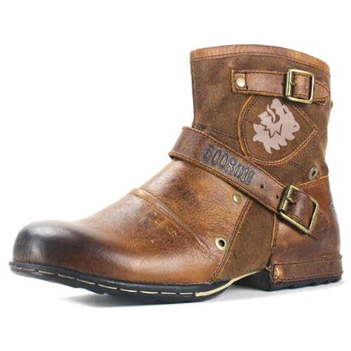 COWSDELLA Herren Stiefel aus Leder Rindsleder mit Gummisohle Biker Motorrad Boots mit Reißverschluss Retro CD-5008-1-E Vintage gelb braun US11(EU44.5)