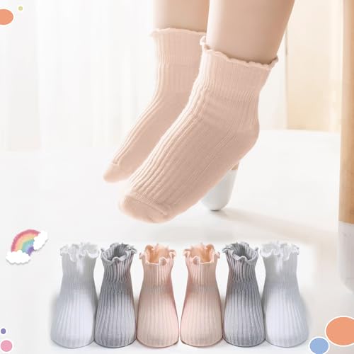 Image of Baby Toddler Girls Socks Grip Ruffle Non Slip Kids Cotton 12 Pack Socks | PREMIUM soft COTTON,full anti-slip grips,6month-7t grippy crew socks for girls,daily school all season wear,cute ruffle