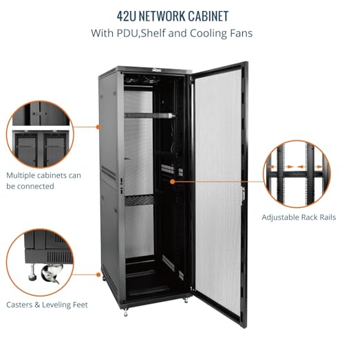 Image of Tecmojo 42U Server Rack Network Cabinet 23.6 inch D x 23.6 inch W, Locking Data Cabinet Enclosure for 19 inch Server, Networking, AV & IT Equipment, Mesh Door, Black