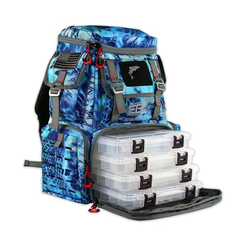 Ego Kryptek Tactical Tackle Box Backpack Durable Fishing Tool Bag 1000D Nylon Fabric with PVC Back Water-Resistant Multiple Storage Pockets Laser-Cut Molle Loops Includes 4 Tackle Trays