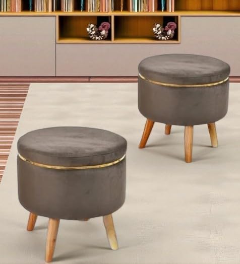 Sitting Solutions for Home – Wooden Frame Round Ottomans, Soft Cushion Pouffes, Stools Ideal for Living Room, Bedroom, Study & Makeup Table, 16x16x18 Inch, Combo, Coffee-image-1