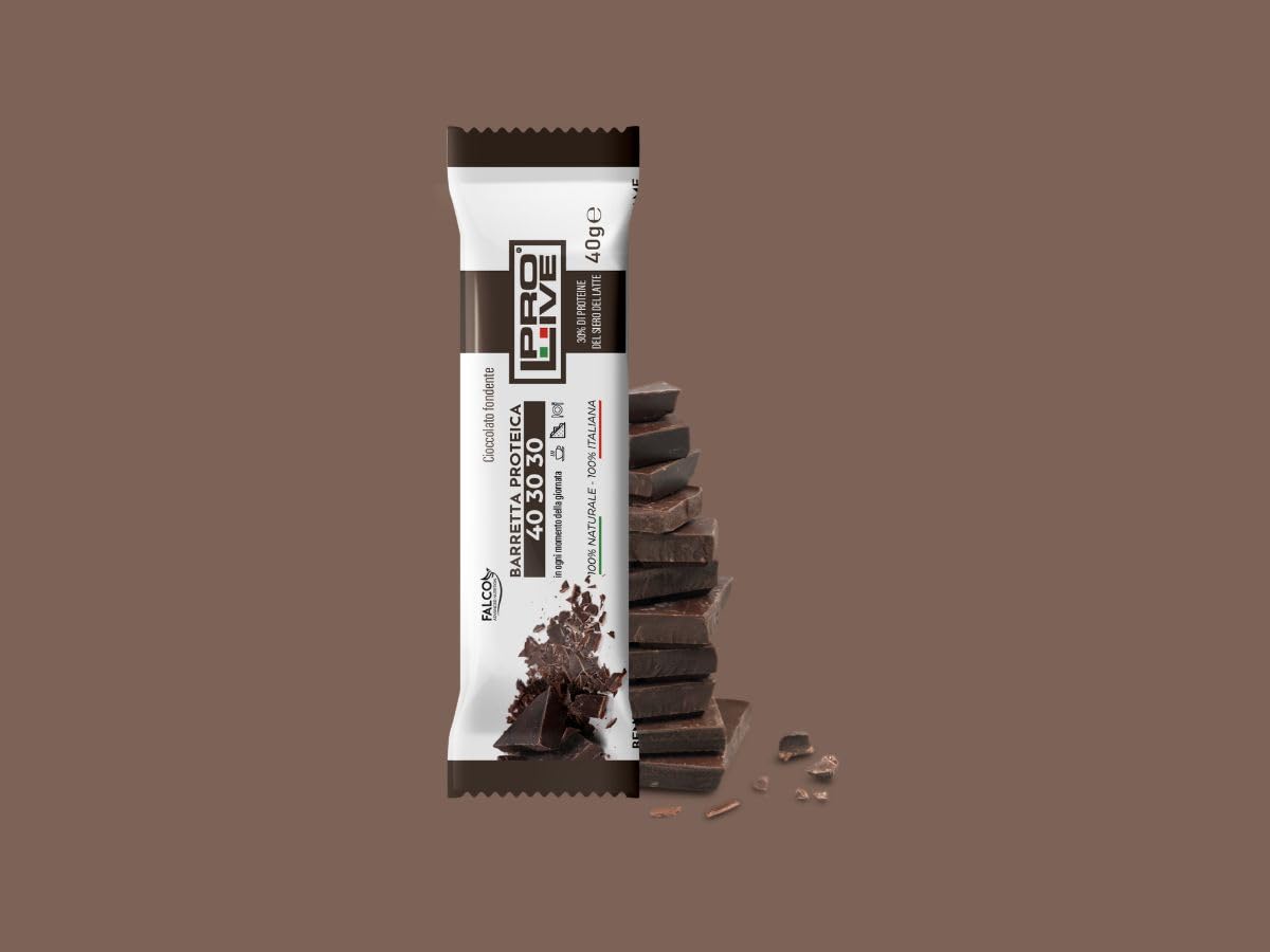 PROLIVE 40 30 30 FONDENTE – Barrette Proteiche a zona 40 30 30, Senza Zuccheri Aggiunti, Croccante, Puro Cioccolato Fondente, 30% Proteine Del Siero del Latte (Whey Protein)(12x40g)