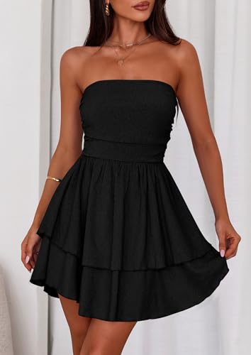 Image of PRETTYGARDEN Women's 2026 Summer Strapless Tube Mini Dress Off Shoulder Smocked Ruffle A Line Flowy Short Party Club Dresses