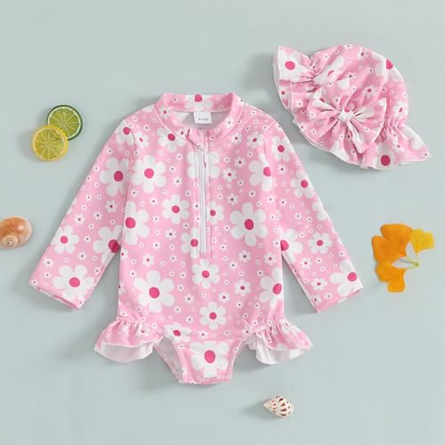 Infant Baby Girl Swimsuit Long Sleeve Zipper One Piece Bathing Suit with Sun Hat Swimwear Toddler Girl Rash Guard2