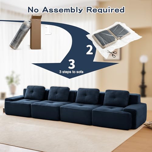 Image of 153 inch Extra Large 4-Seater Modular Boneless Couch, Luxury Corduroy Fabric, Deep Seat Cloud sectional Sofa with Buckle Connection, No Assembly Anti-Slip Couch for Big Living Room, Blue
