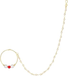 Gold Plated Indian Wedding Bollywood Bridal Nose Ring/Nath without piercing with Single Pearl Chain For Woman (NL80R)