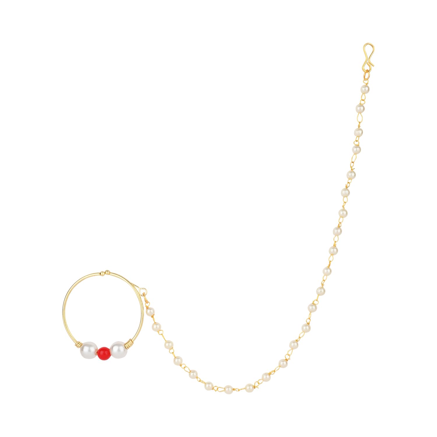 I Jewels Gold Plated Ethnic Bridal Nose Ring/Nath without piercing with Single Pearl Chain For Woman (Red) (B0DDH43GQ2) Amazon Price History, Amazon Price Tracker