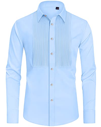 J.VER Men's Tuxedo Shirt Formal Dress Shirt Pleated Long Sleeve Button Down Shirts for Prom Party Wedding Light Blue