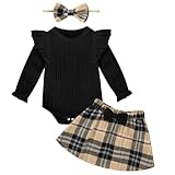 Weixinbuy 0-3 Months Baby Girl Clothes Outfits Newborn Long Sleeve Romper + Plaid Mini Skirt+Headband Fall Winter Skirts Set Black-Apricot