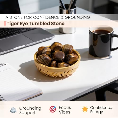 Image of Plus Value Tiger Eye Pebbles Tumbled Stone Strength & Courage | Vastu Feng Shui Aura Chakra Reiki Healing Crystals (200-grams, Cane Basket, 100% Natural & Original)