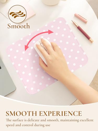Image of Square Cute Dots Mouse Pad with Stitched Edge, Premium Waterproof Cloth Aesthetic Small Dot Mouse Mat, Non-Slip Rubber Base Funny Mousepad Desk Accessories,Dots Pink White
