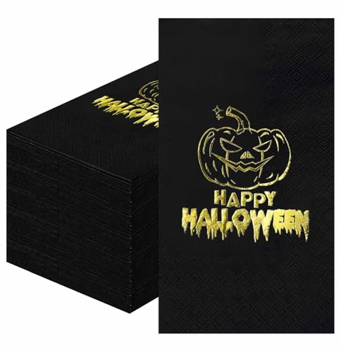 SietDESEO 50 PCS 3-ply Halloween Dinner Napkins Black and Gold Foil Pumpkin Guest Bathroom Napkins 13 x 15.7 Inch Disposable Hand Towels for Halloween Party Supplies Paper Napkin Decorative