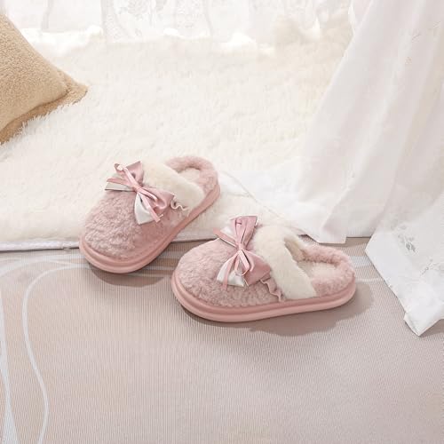 Cute Bow House Slippers for Women, Plush Comfy Faux Fur Slip-on Shoes Indoor Outdoor, Winter Warm Bedroom Slippers with Non-Slip Sole4