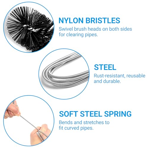 Quelcc 200cm Abflussreiniger Spirale,Doppelkopf-Rohrreinigungsbürste Edelstahl-Kanalreiniger,Nylonfilamenten Edelstahl,Rohrreinigungsbürste,Schlauchbürste für Rohre für breite Rohre,Kanäle,Usw