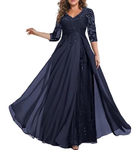 3/4 Sleeve Mother of The Bride Dresses for Wedding Chiffon Lace V-Neck Long Formal Evening Gowns3