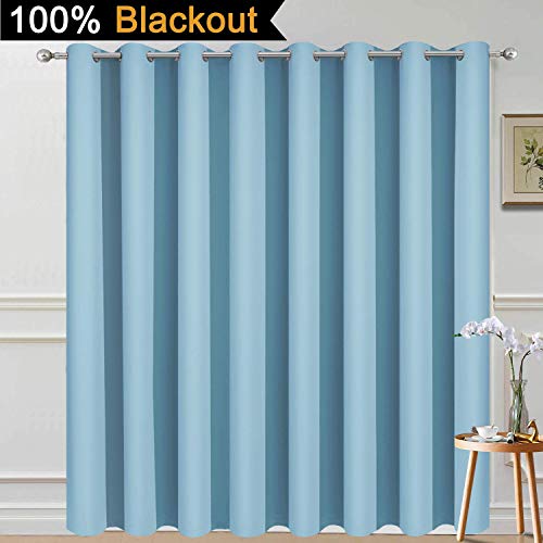 Image of Yakamok Sky Blue Blackout Patio Door Curtain Panels W100 x L84, 1 Panel | Noise Reducing Barrier Panel for Sliding Glass Door, 2 Thick Layers Heat Full Light Blocking Patio Door Drapery