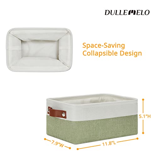 Image of DULLEMELO Small Storage Basket, Fabric Collapsible Gift Storage Basket for Shelves, Closets, Nursery, Home, Office Organizing, Small Canvas Linen Rectangular Storage Bin with Handles (White&Green)