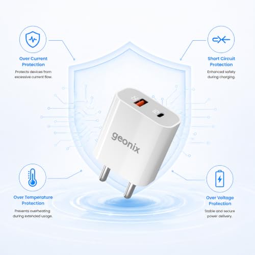 Image of Geonix Atomic AC25 25W PD + QC Fast Charger with 1M Type-C Cable| Dual Port USB-C Power Delivery| Simultaneous Charging | Compact Travel Adapter|Universal Compatibility (White)
