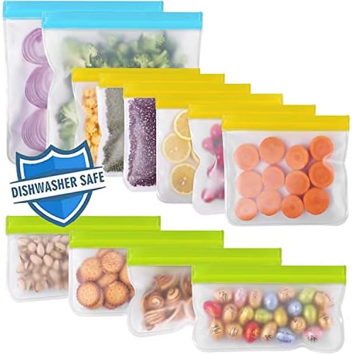 Reusable Ziplock Bags Silicone Dishwasher Safe, 12 Pack BPA FREE Reusable Freezer Bags, Reusable Sandwich Kids Snack Bags, Leakproof Reusable Food Storage Bags for Lunch, 2 Gallon 6 Sandwich 4 Snack