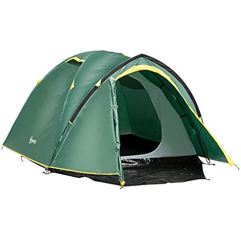 Outsunny Zelt für 2 Personen 190T Campingzelt mit Heringen Kuppelzelt Glasfaser Polyester Grün+Gelb 325 x 183 x 130 cm Cover