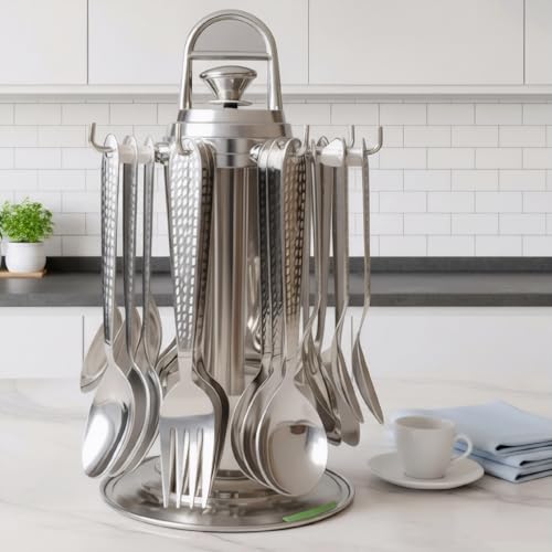 Image of Premium Stainless Steel Cutlery Set for Dining Table, 24 Pieces with Stand | Spoon & Fork Set Includes Dinner Spoons, Dinner Forks, Tea Spoons & Soup Spoons | Mirror Finish Flatware Set