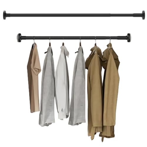 Adjustable Wardrobe Rail Extendable Clothing Rail with Rubber Pads(90cm to 160cm), Heavy Duty Anti-rust Carbon Steel Tension Rod for Hanging Clothes Curtains, Telescopic Clothes Rail Tube Pole, Black